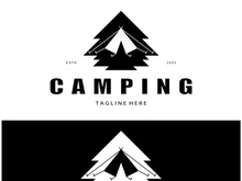 vintage and retro tent logo, camping. With tent, tree and bonfire sign. adventurers, scouts, climbers, camping equipment center