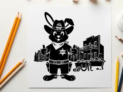 Black rabbit cowboy silhouette in a western town scene