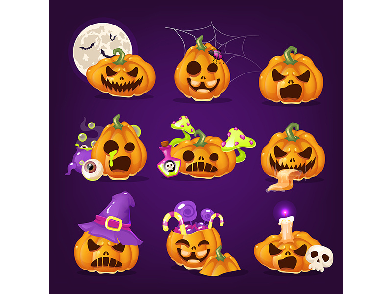 Spooky Halloween pumpkins cartoon vector illustrations set