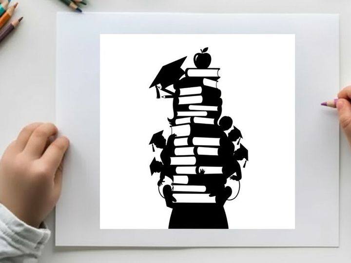Silhouette of a person with books and graduation caps