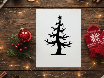 Black silhouette of a stylized Christmas tree with a star topper on white background