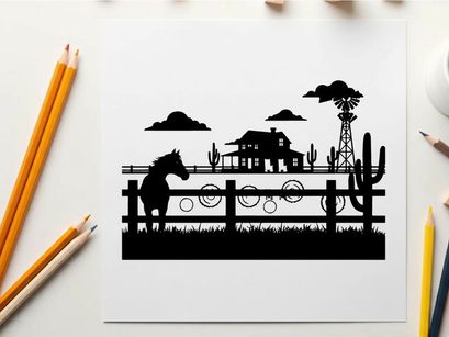 Western landscape silhouette with horse house and windmill