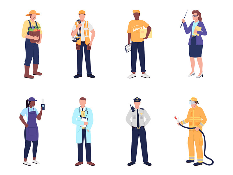 Essential worker flat color vector faceless character set