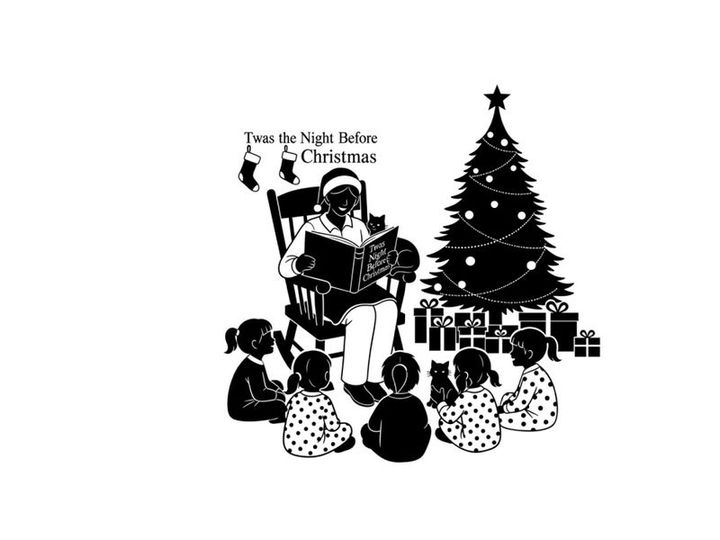 Silhouette of a man reading to children by a christmas tree silhouette