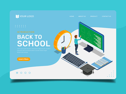 Student learning at computer screen - Landing page illustration template