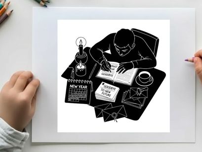 Silhouette of a man writing at a desk with new year's resolutions