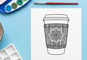Hand-drawn Christmas coffee cup with festive ornate pattern and lid for holiday branding