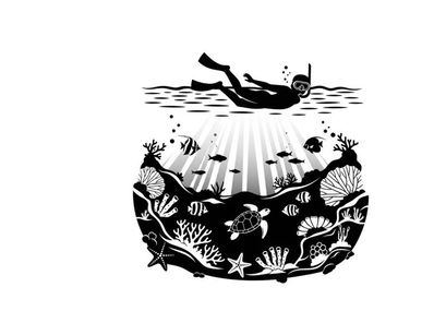 Silhouette of scuba diver exploring coral reef with marine life