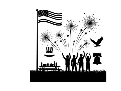 American independence day celebration silhouette with fireworks and flag