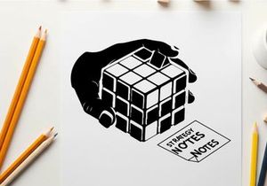 Hand holding a rubik's cube with strategy notes silhouette