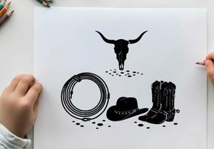 Western cowboy silhouette with bull skull and rodeo gear