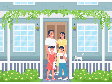 Happy family posing on house patio flat color vector illustration preview picture