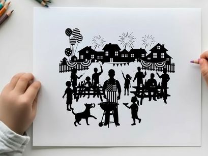 Patriotic backyard bbq silhouette on 4th of july with family and fireworks