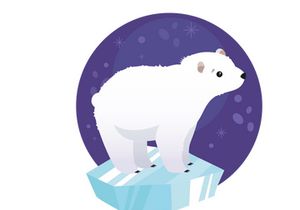 Polar bear on ice floe, climate change catastrophe melting ice vector flat design
