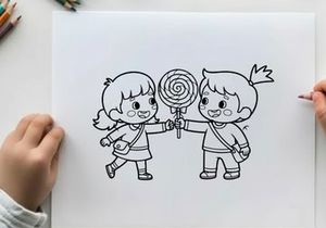 Children sharing lollipop happy friendship vector illustration