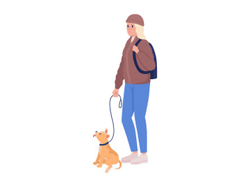 Sad young woman with small dog on leash flat color vector character preview picture