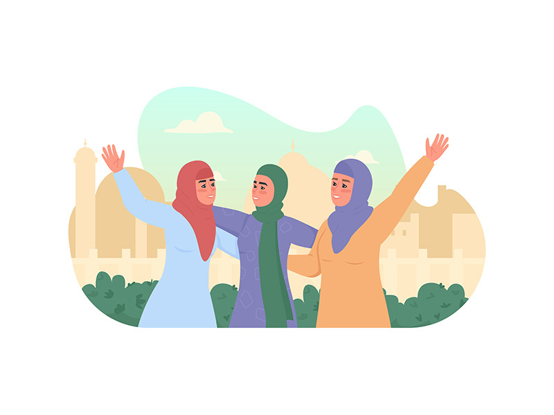 Happy arabian girls in hijabs 2D vector web banner, poster