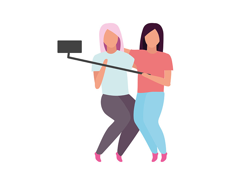 Female friends making photo with selfie stick semi flat color vector characters