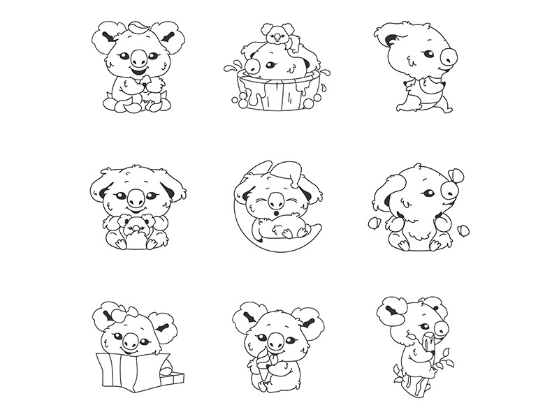 Cute koala kawaii linear characters pack