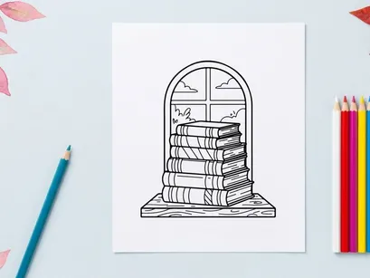 Stacked vintage books in arched Christmas Day cross niche with festive holiday glow