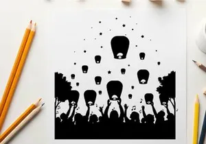 Silhouette of people releasing lanterns into the night sky