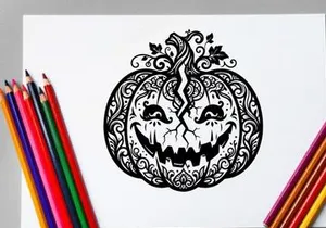 Decorative Halloween pumpkin with carved face and intricate patterns