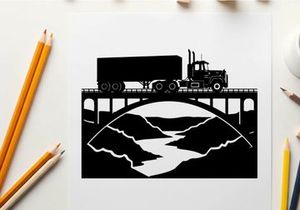 Truck silhouette crossing bridge over river with mountains silhouette