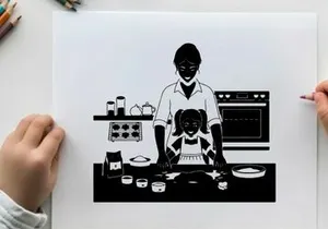 Silhouette of mother and child baking together in kitchen