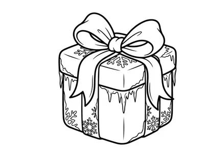 Christmas gift box with bow and snowflakes line art illustration for coloring page