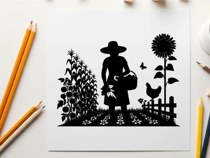 Silhouette of a woman in a garden with sunflowers and a chicken