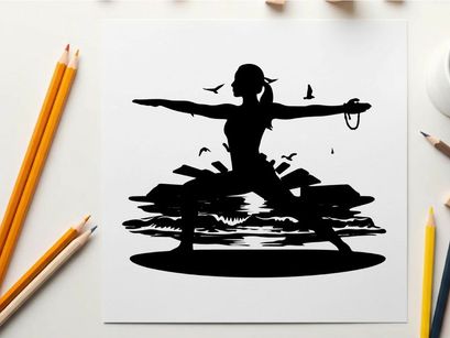 Silhouette of a woman practicing yoga at sunset beach