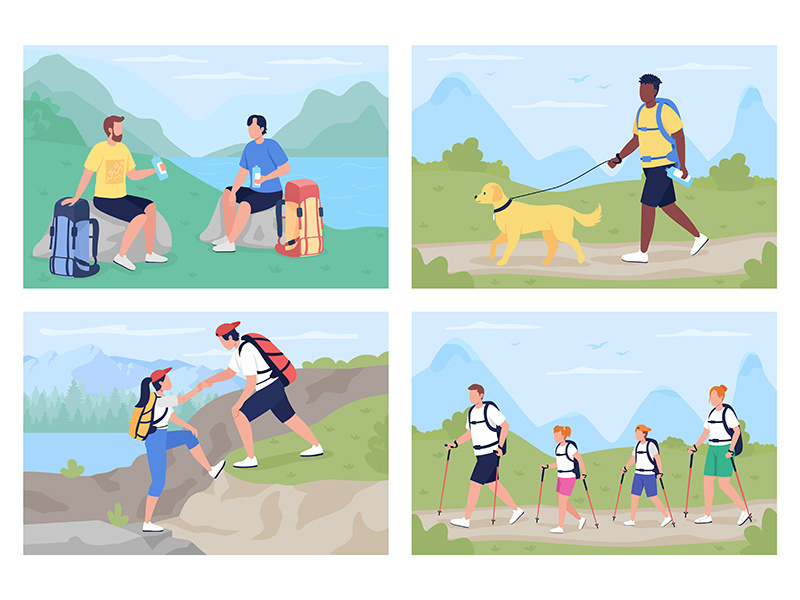 Trekkers in countryside flat color vector illustration set