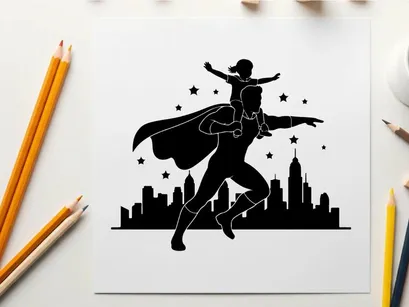 Superhero silhouette flying over cityscape with cape and stars