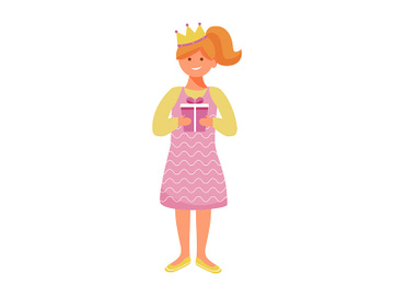 Happy girl in crown with gift box flat vector illustration preview picture