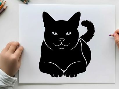 Black cat silhouette with white outline and eyes