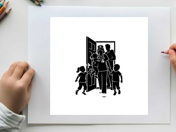 Family entering home with silhouette of parents and children