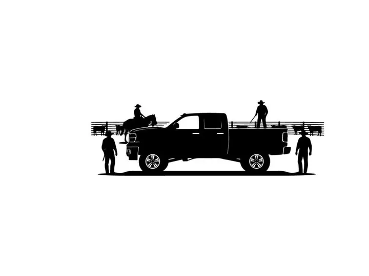 Silhouette of people and a horse standing near a pickup truck