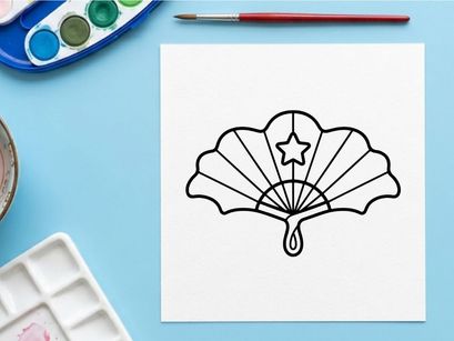 Hand fan line art icon. Decorative folding fan with star symbol for graphic design.
