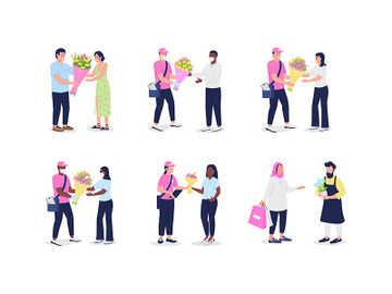 Flower delivery couriers with customers flat color vector detailed and faceless character set preview picture
