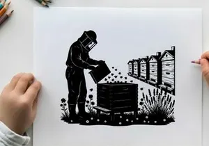 Beekeeper in silhouette inspecting a beehive on a sunny day with silhouette