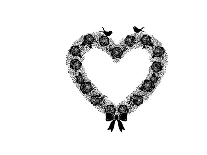 Heart shaped wreath silhouette with roses and birds