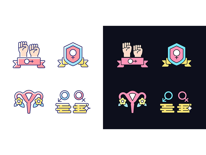 Female empowerment light and dark theme RGB color icons set