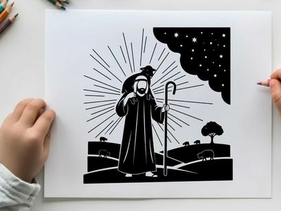 Silhouette of a biblical shepherd under a starry night sky
