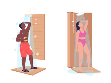 Showering semi flat color vector characters set preview picture