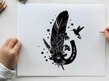 Silhouette of feather hummingbird and horseshoe with flowers and stars