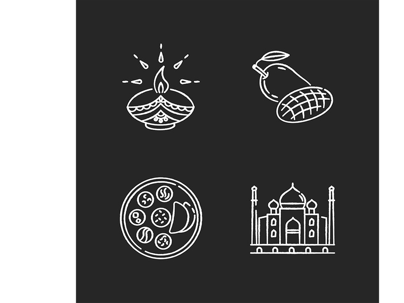 Indian culture chalk white icons set on black background