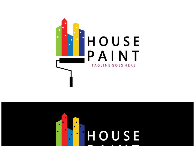 logo icon illustration house paint with a blend of brushes and rollers for house wall paint design, minimalist house, painting, interior, building, property business, wallpaper, vector concept