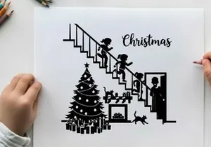 Christmas silhouette of family and children on stairs