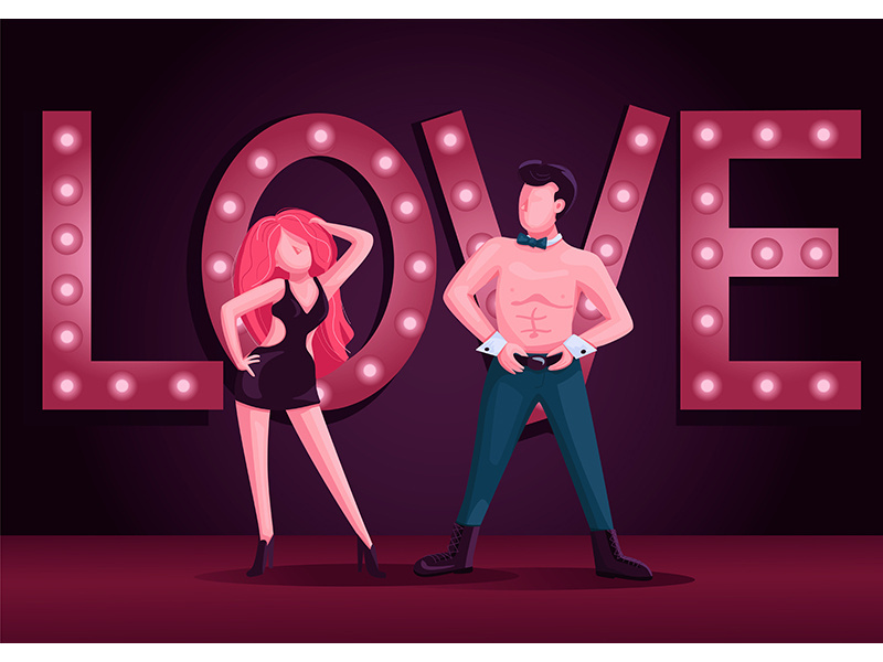 Male and female strip dancers flat color vector illustration