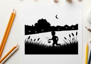 Silhouette of a child running under a crescent moon at dusk